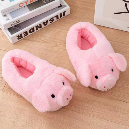 Cute Cartoon Pig Winter Warm Shoes Women Heel Cover Home Floor Slippers Soft Fur Indoor Fluffy House Bedroom Slides for Girls