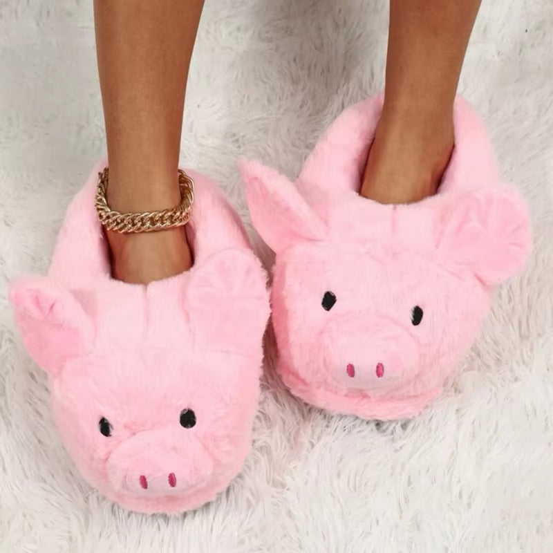 Cute Cartoon Pig Winter Warm Shoes Women Heel Cover Home Floor Slippers Soft Fur Indoor Fluffy House Bedroom Slides for Girls
