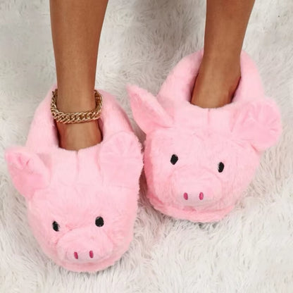 Cute Cartoon Pig Winter Warm Shoes Women Heel Cover Home Floor Slippers Soft Fur Indoor Fluffy House Bedroom Slides for Girls