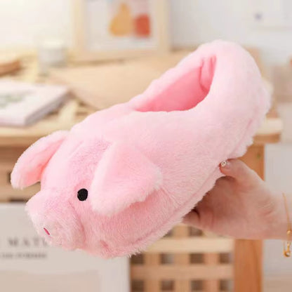 Cute Cartoon Pig Winter Warm Shoes Women Heel Cover Home Floor Slippers Soft Fur Indoor Fluffy House Bedroom Slides for Girls