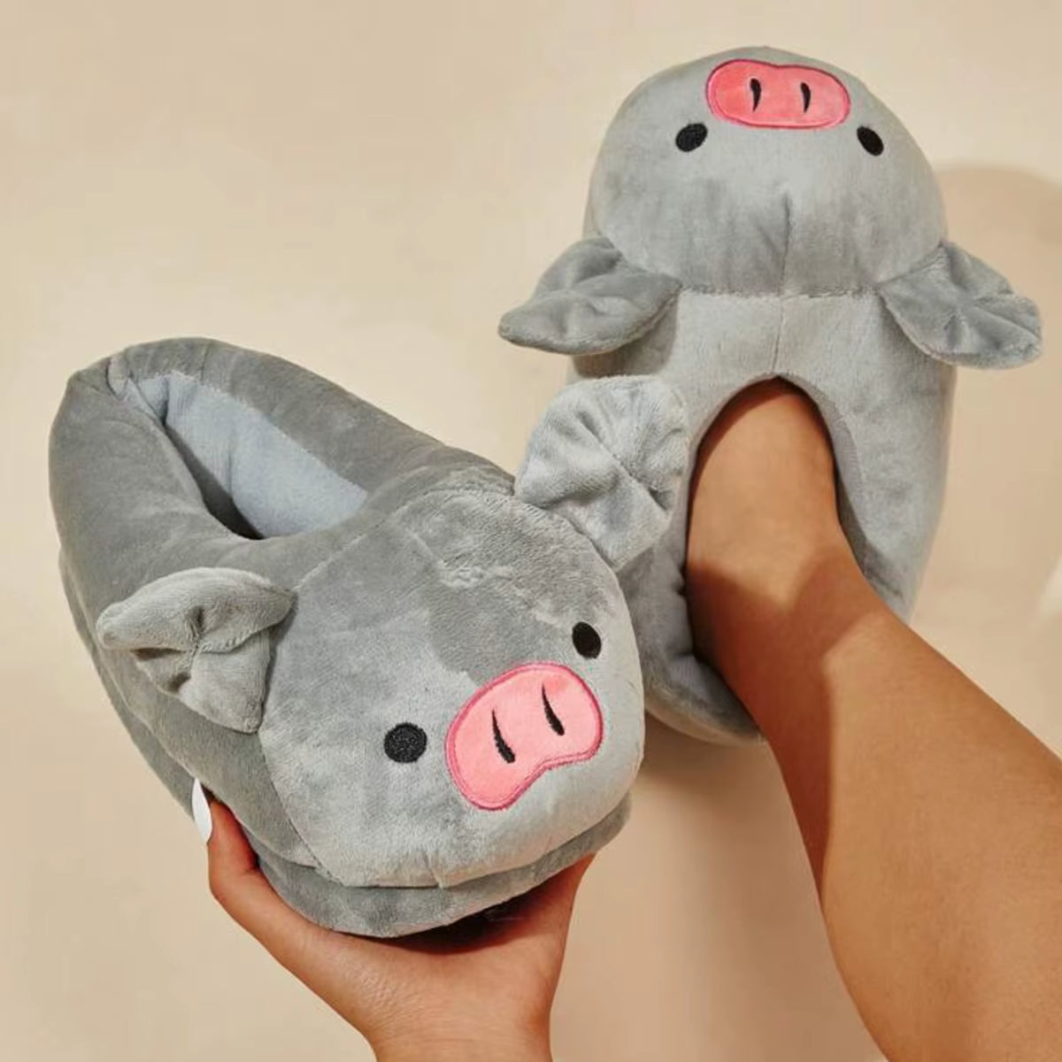 Cute Cartoon Pig Winter Warm Shoes Women Heel Cover Home Floor Slippers Soft Fur Indoor Fluffy House Bedroom Slides for Girls
